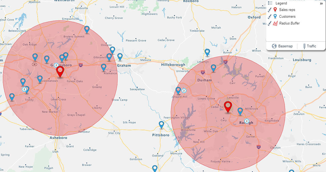 Radius map of customers and sales reps