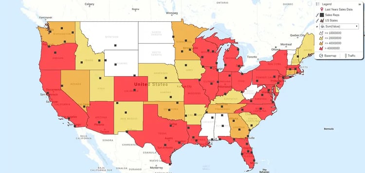 Regional Heat Map of Sales value overlaid with sales reps