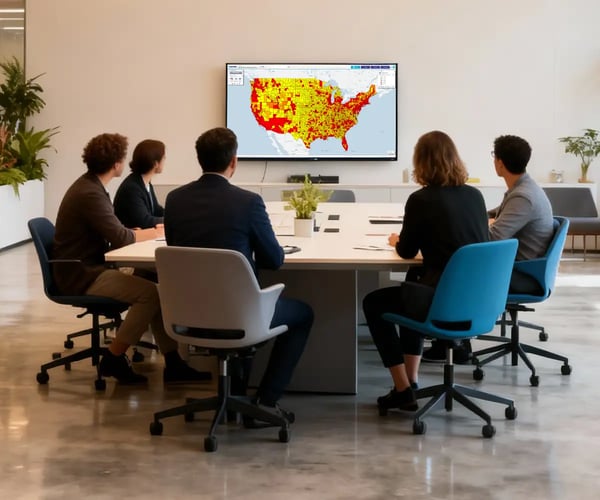 Meeting with people viewing regional heat map on a TV screen