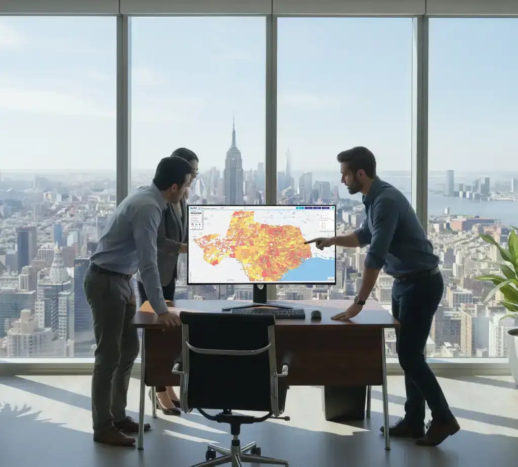Regional heat map of Texas on computer screen, New York background