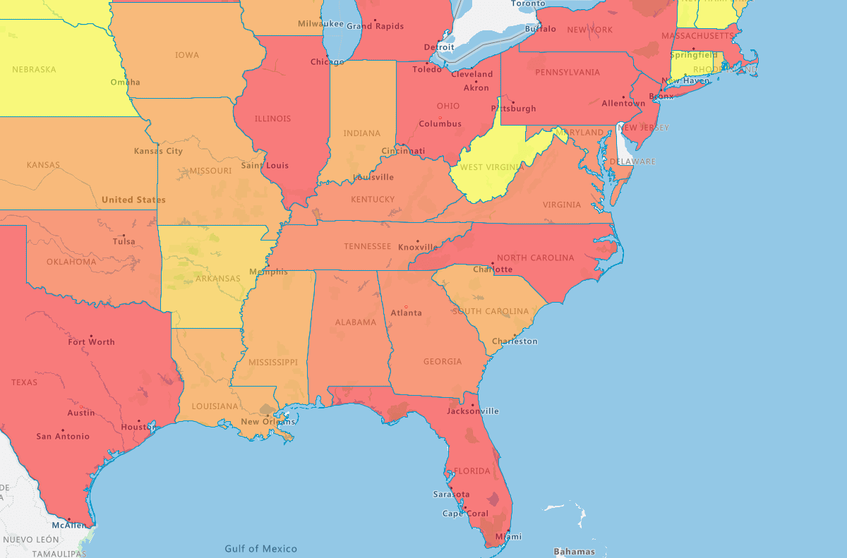 Regional heat map of the US east coast