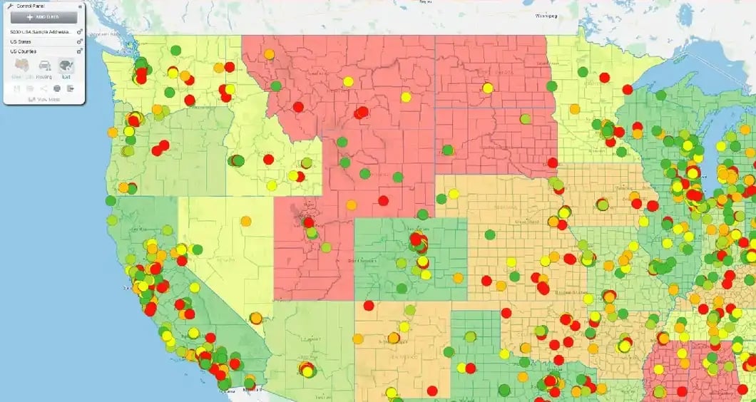 Regional heat map by state showing customer data