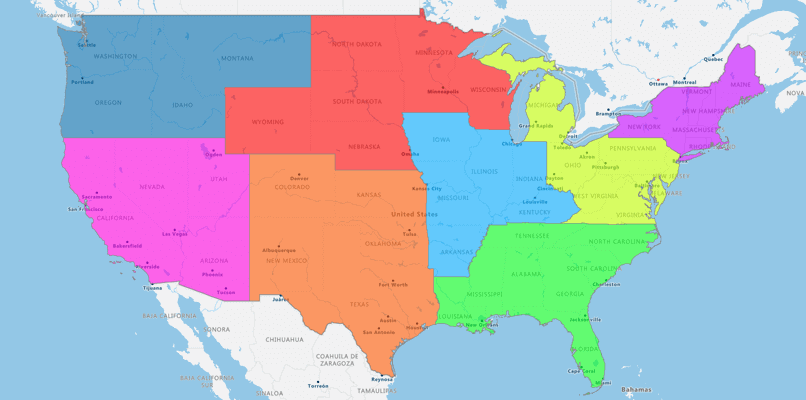 US state regional heat map by value