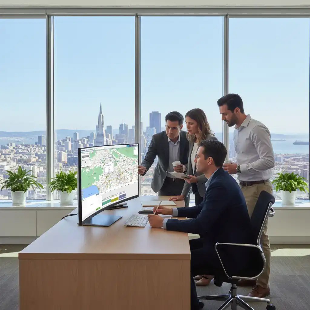 Route map being reviewed by a team on a desktop computer screen