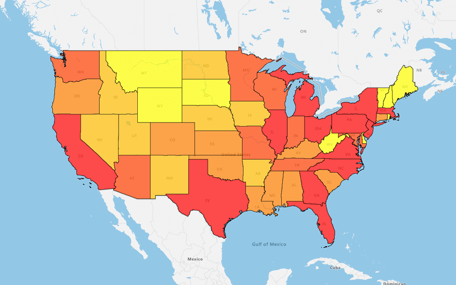 Choropleth map of all US states