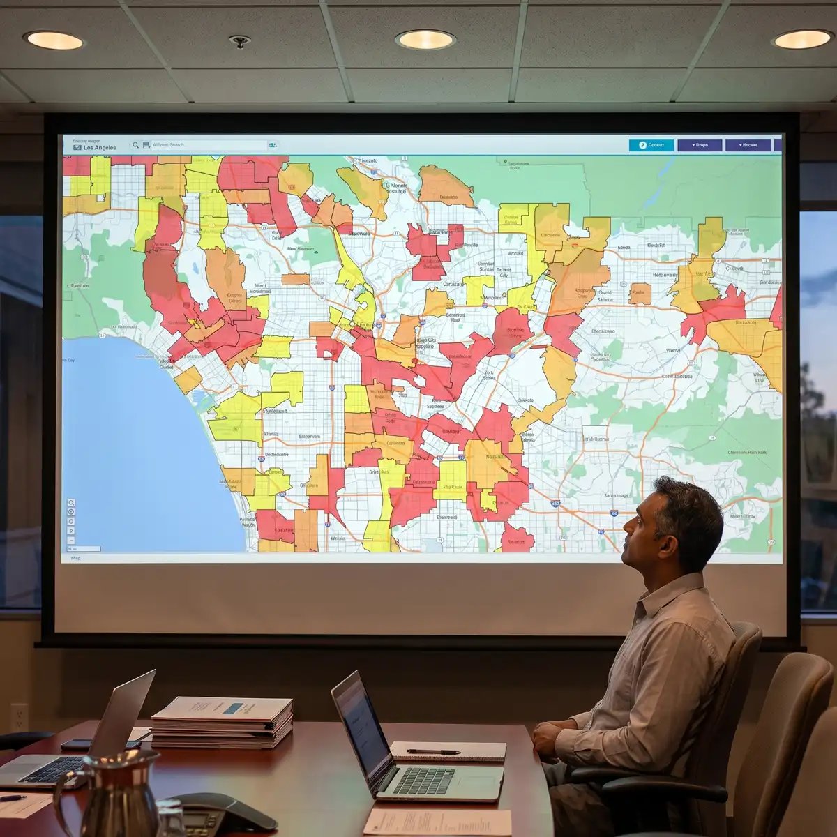 Sales leader reviewing field sales costs on a map on a projector screen