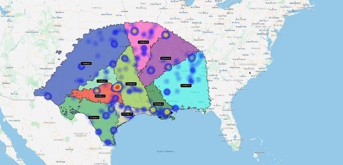 Sales territory heatmap showing customer locations