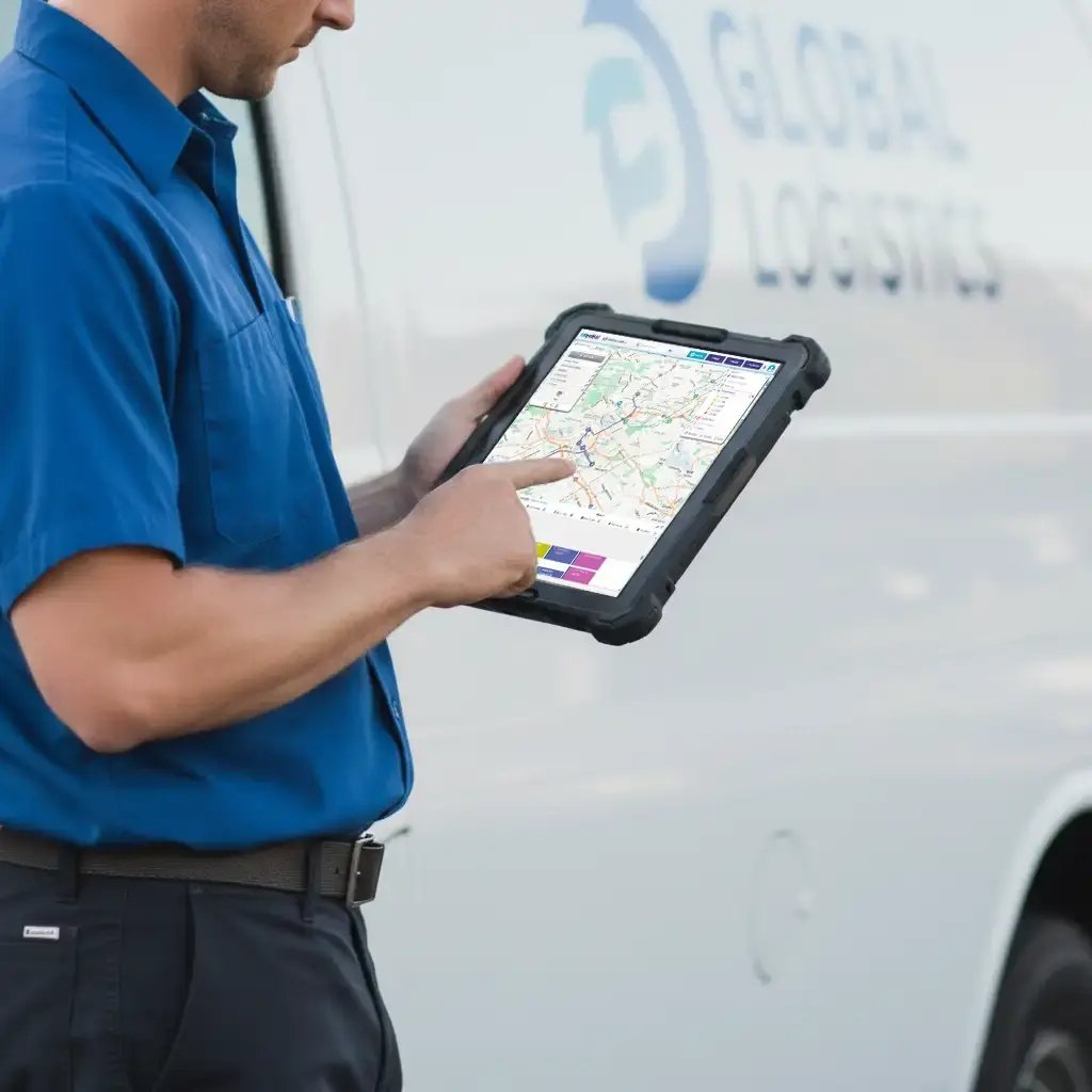 Service person viewing route map on tablet device beside their van