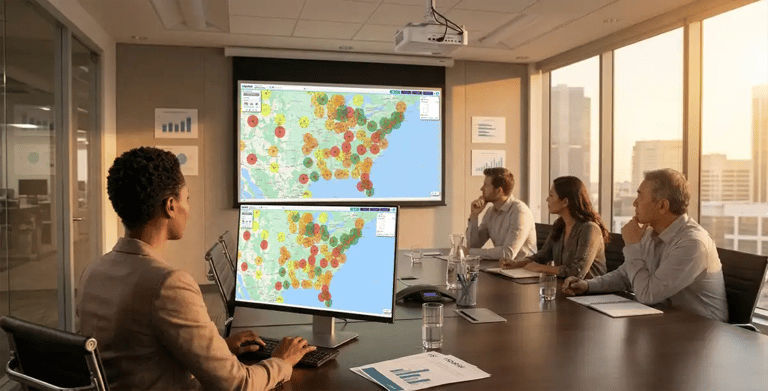 Team meeting reviewing a radius map