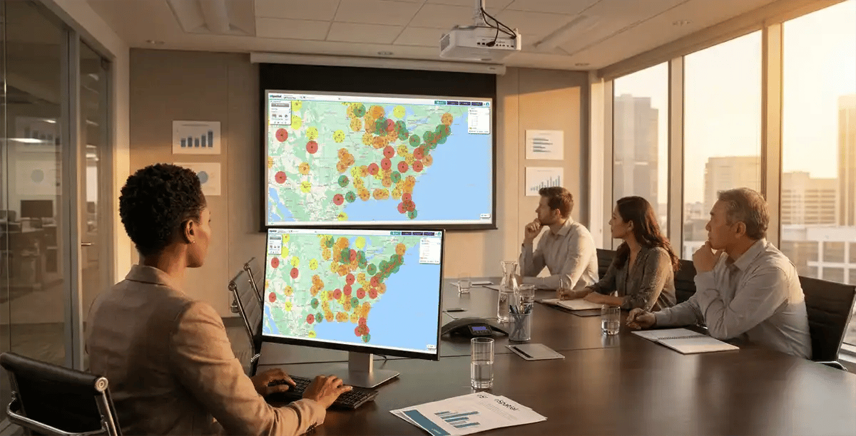 Team meeting reviewing radius map on projector