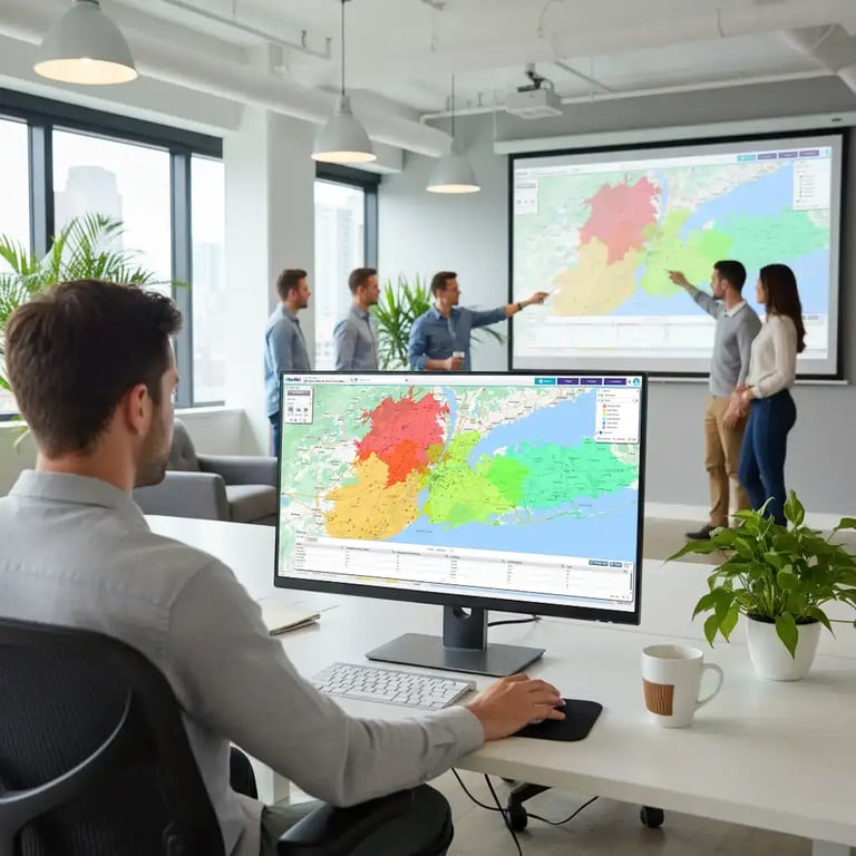 Team meeting reviewing drive-time map