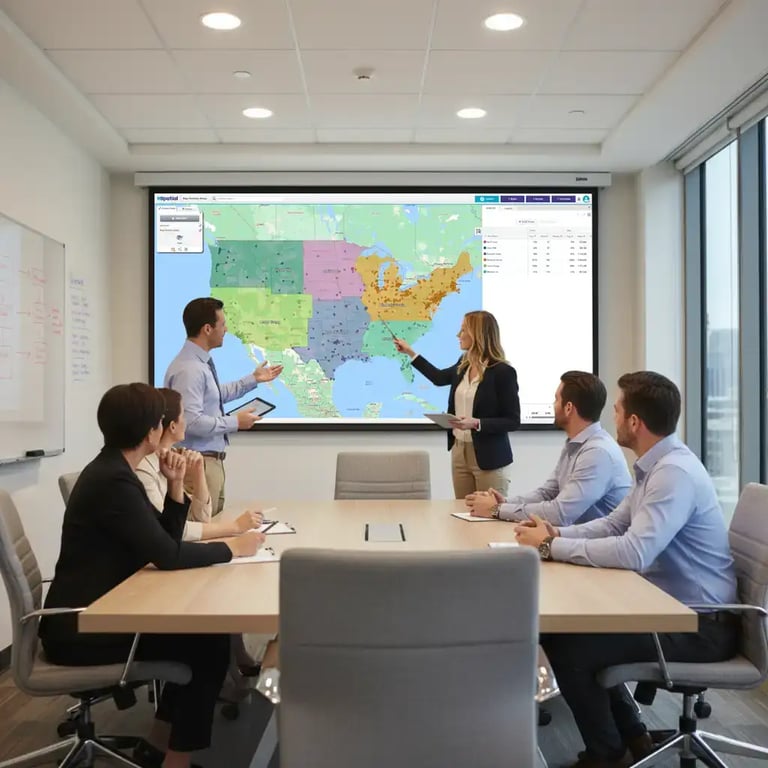 Team reviewing territory map on a projector screen