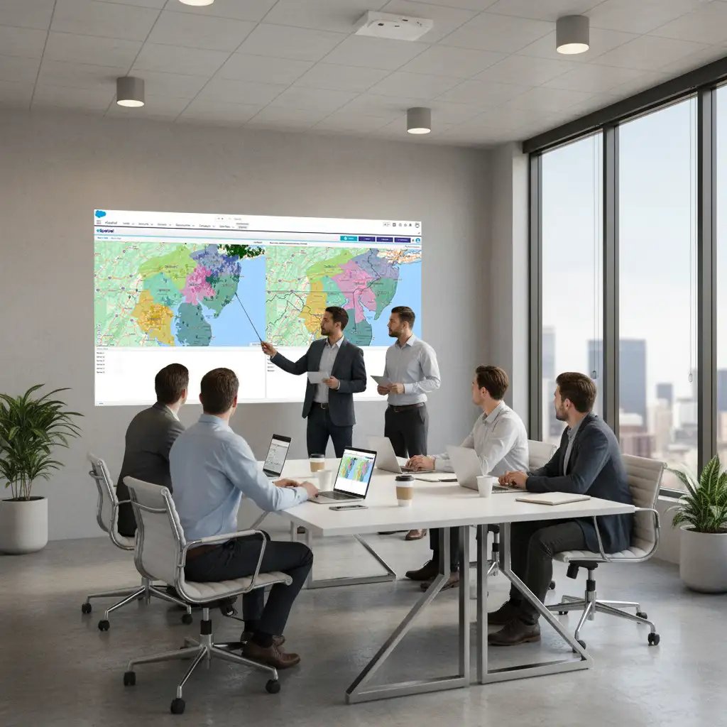 Team meeting reviewing Territory comparison