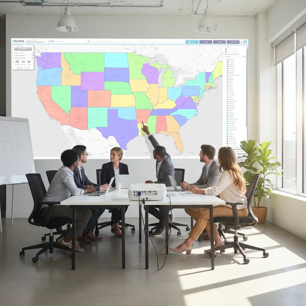 Team meeting reviewing territory map on projector
