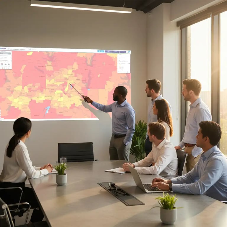 Team meeting with Texas heat map on projector screen