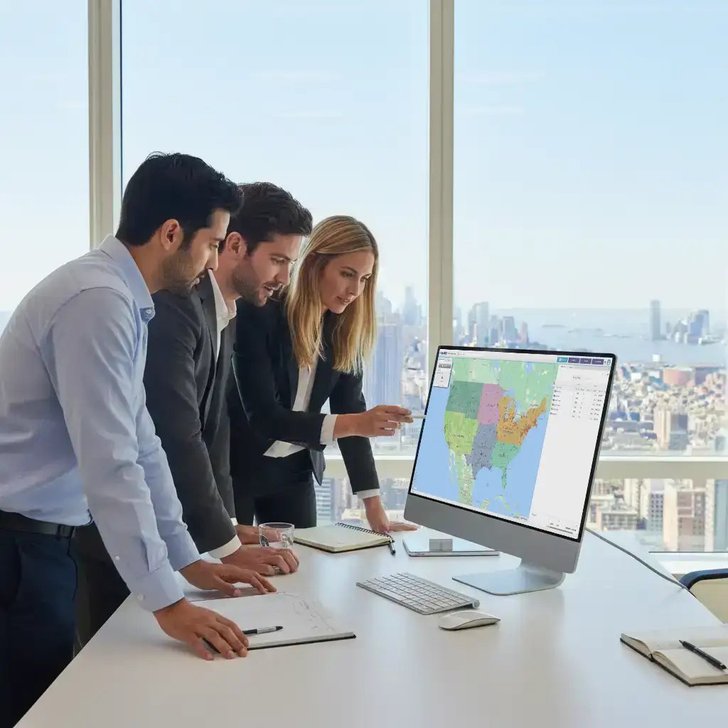 Territory map reviewed by people in glass office