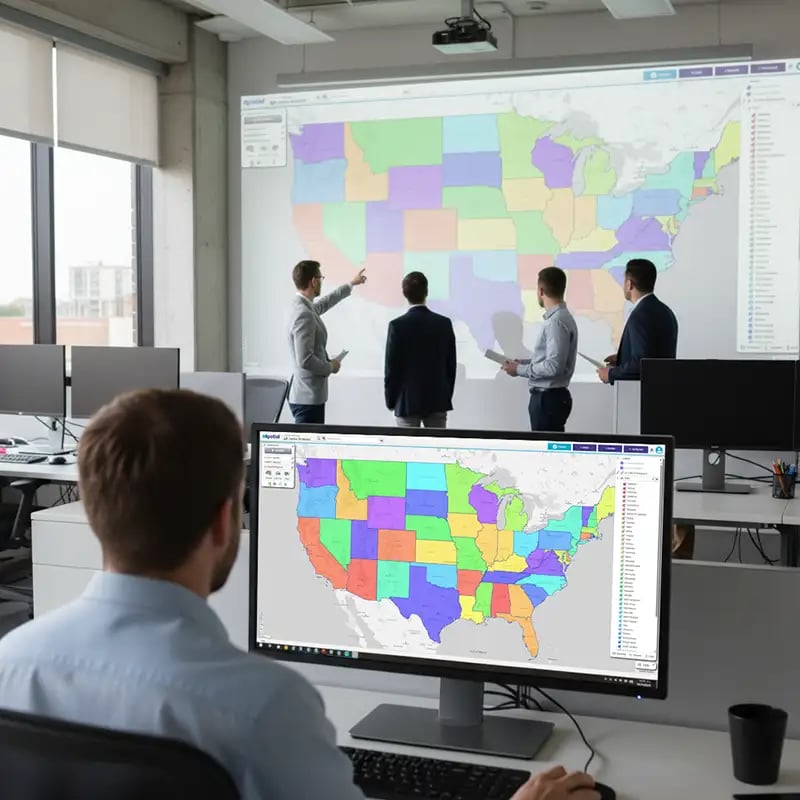 Territory map on a projector screen on the wall