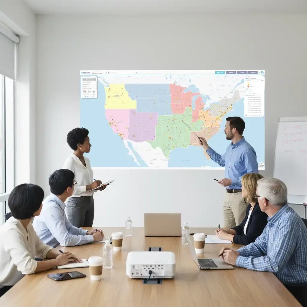 Team meeting reviewing territory map on a projector screen