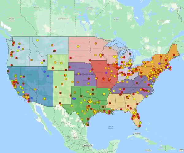 Territory map with pins overlaid, USA