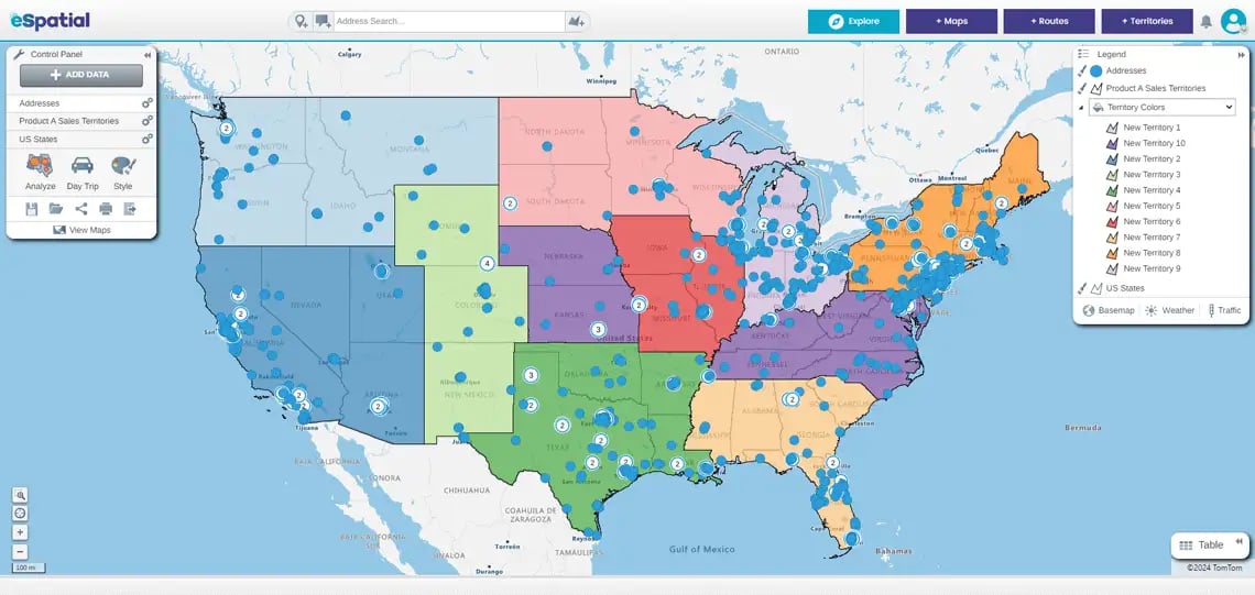 US territory map with location pins overlaid