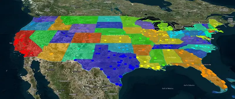 Territory pins overlaid on a territory map, USA