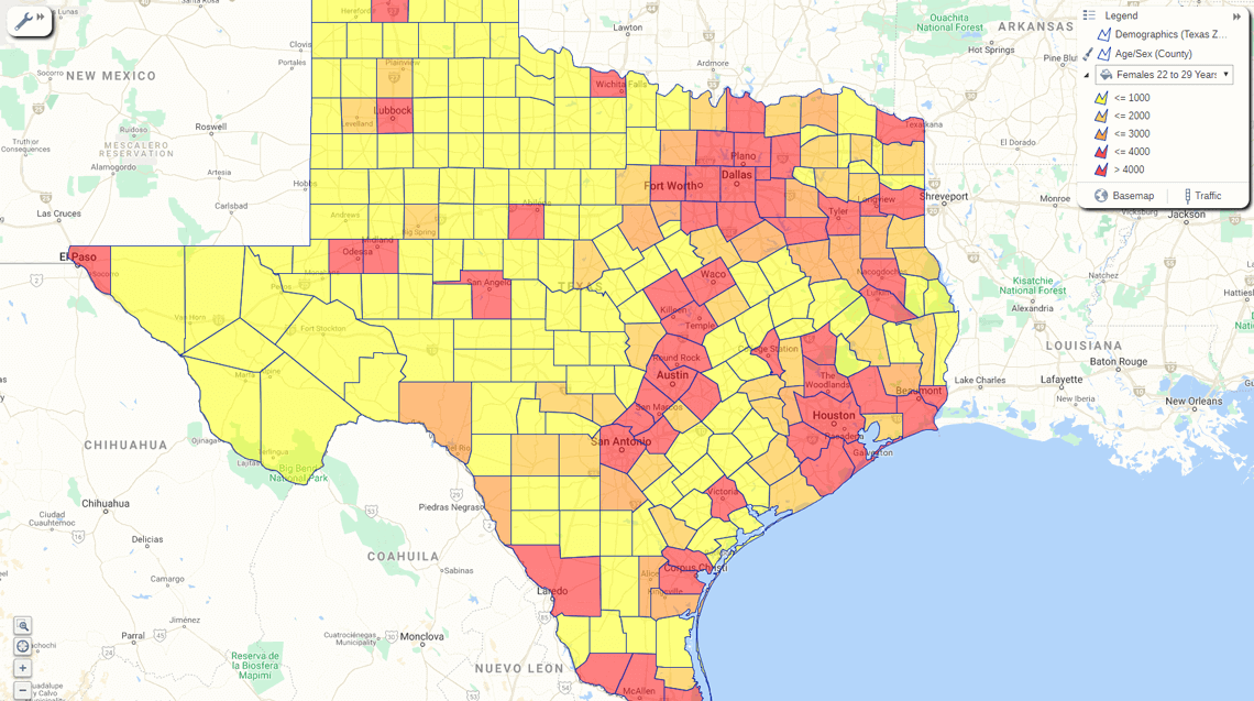 Color coded map of Texas