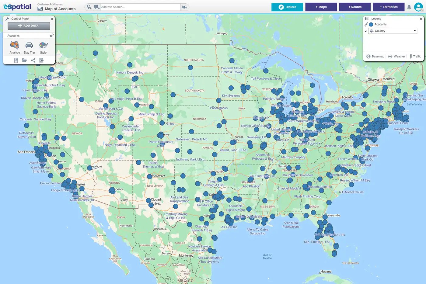 Unorganised pins over map of USA