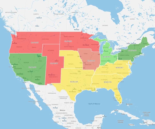 United states territory map, territory by value