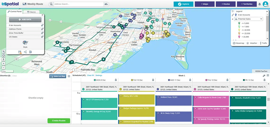 Multi-stop route plan for a given week