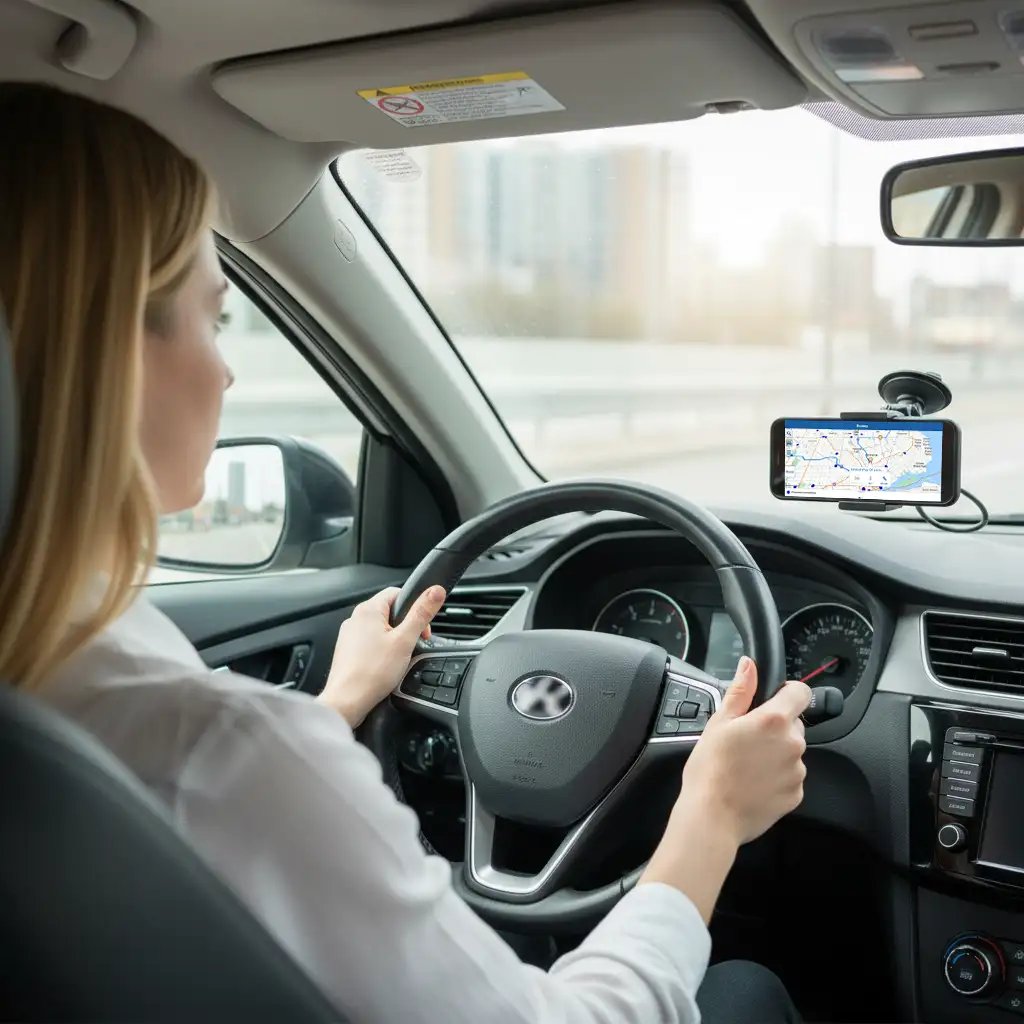Woman driving, route map on mobile device attached to dashboard