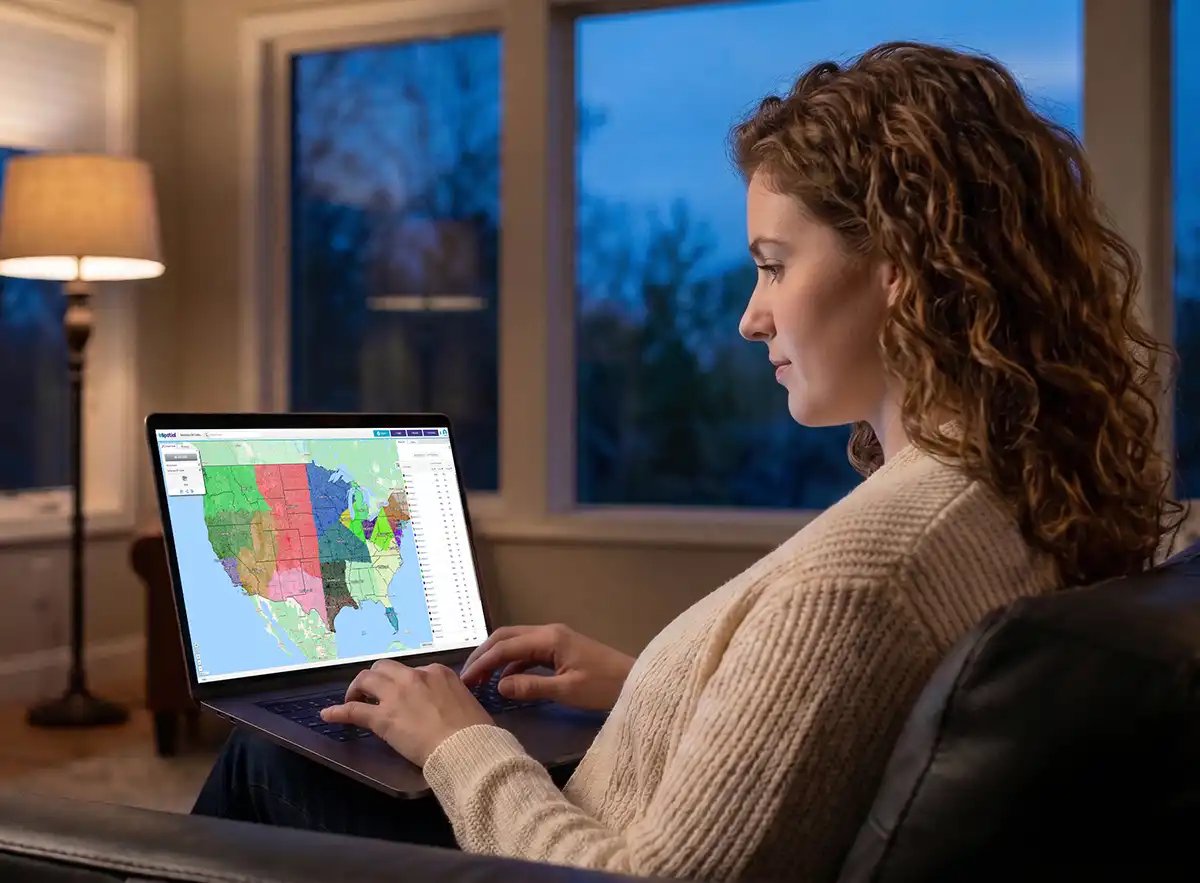 Woman in living room editing territory map