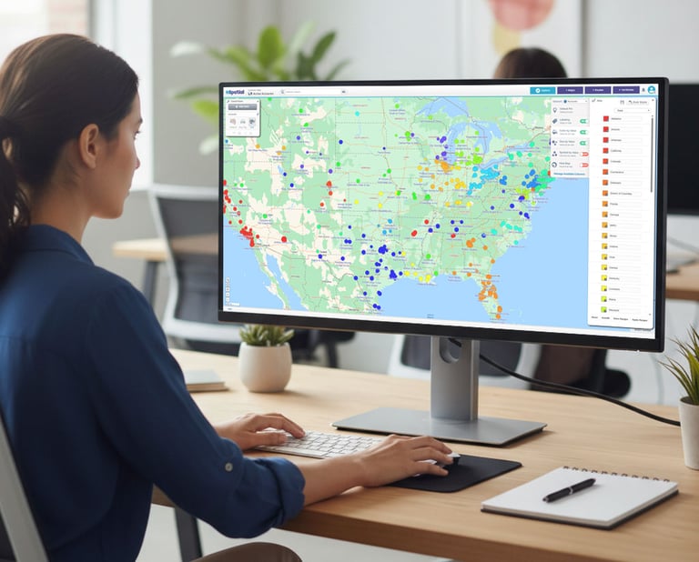 Woman reviewing pin map on a desktop computer