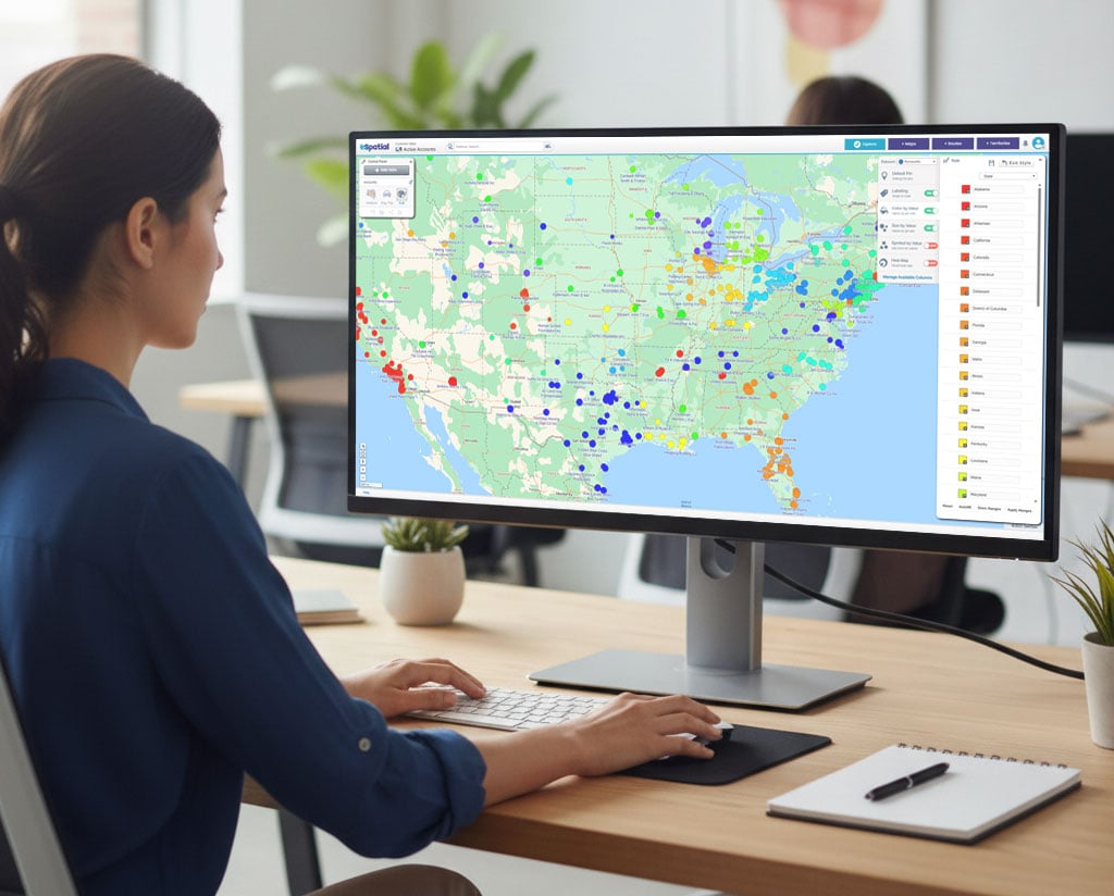 Woman reviewing pin map on a computer screen