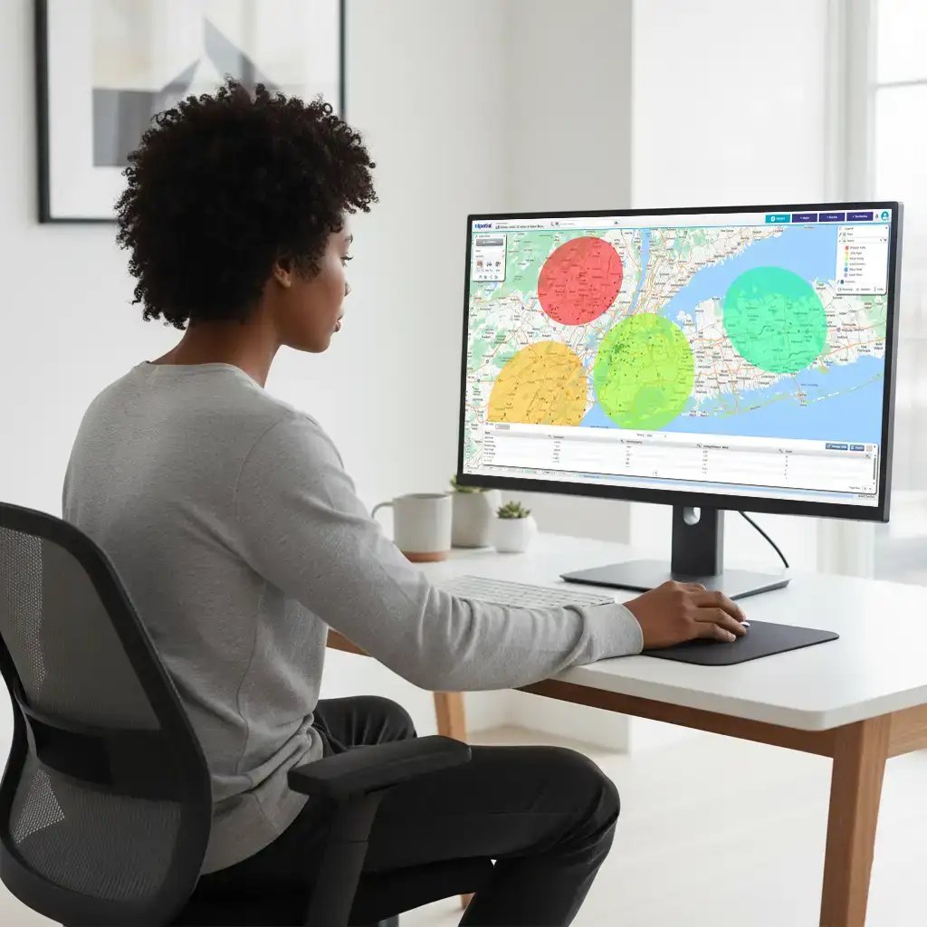 Woman reviewing radius map on desktop computer