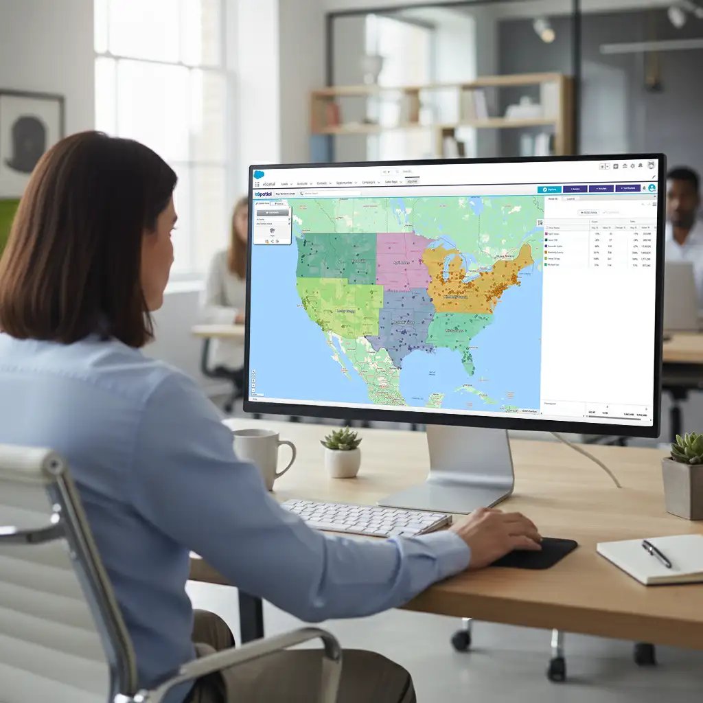 Woman reviewing territory map on desktop screen