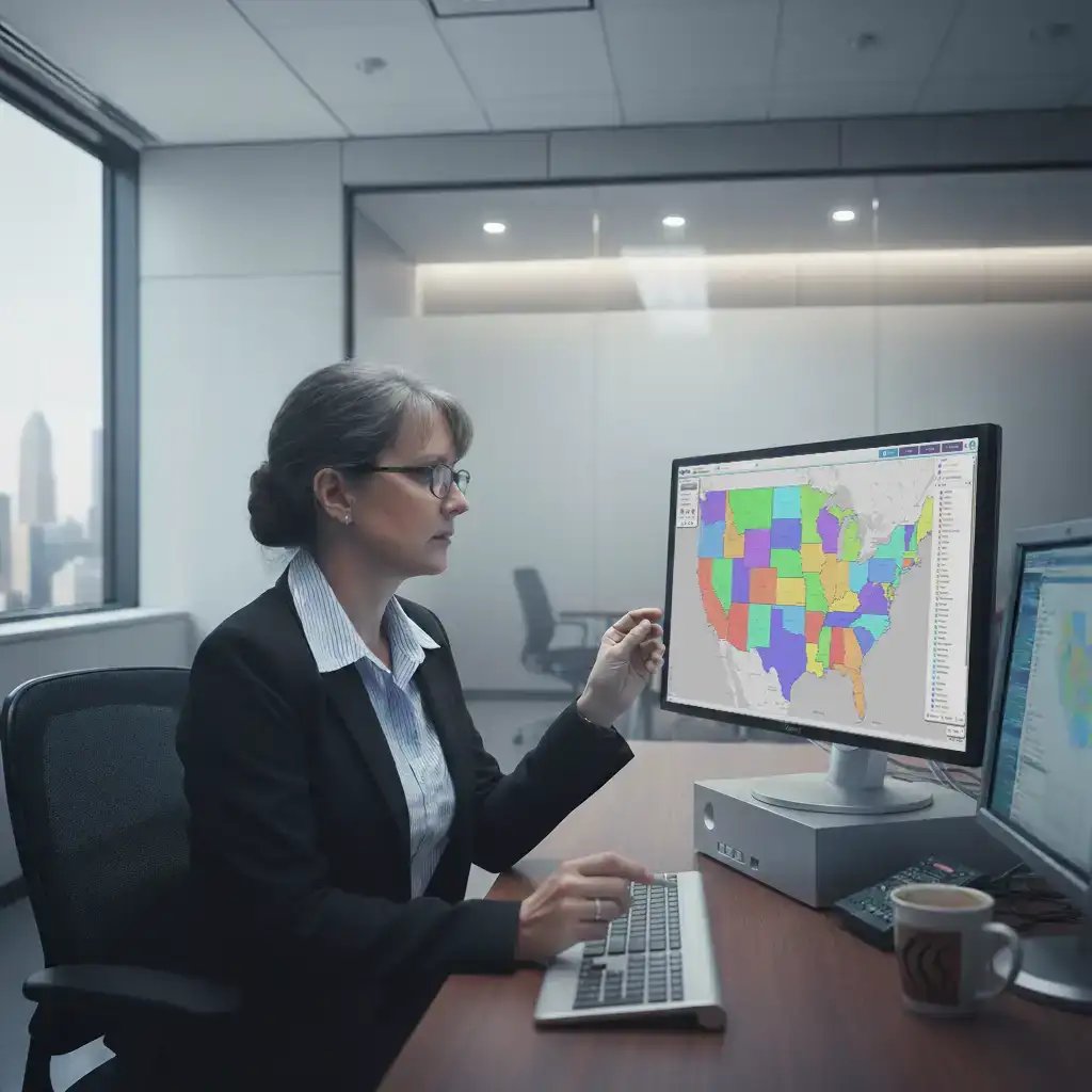 Woman reviewing territory map on a dual monitor setup