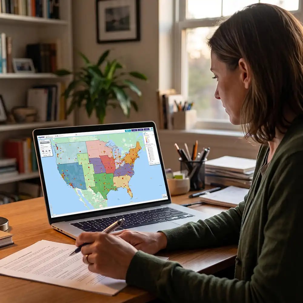 Woman reviewing territory map on a laptop