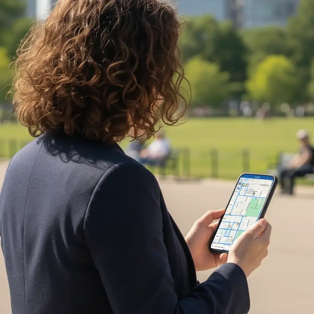 Woman viewing route map on mobile device