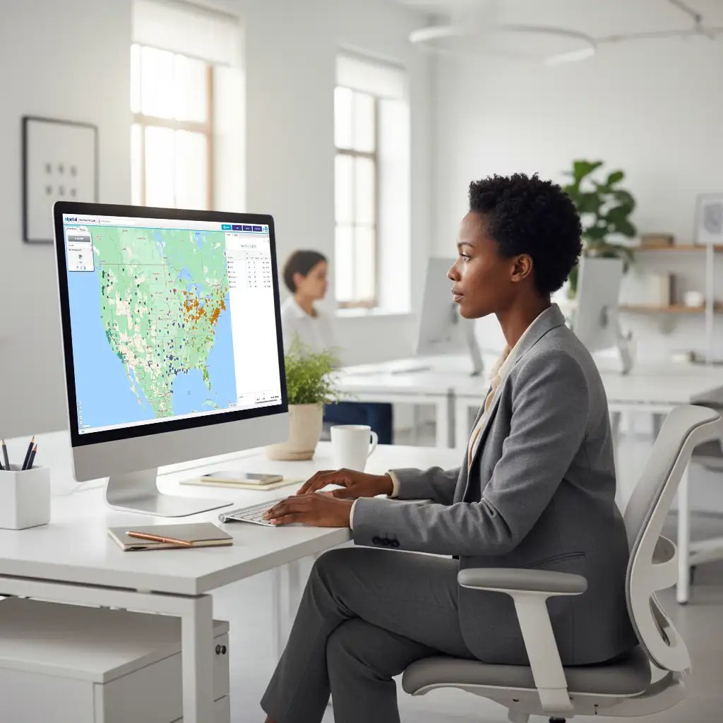 Woman viewing territory map on a computer screen
