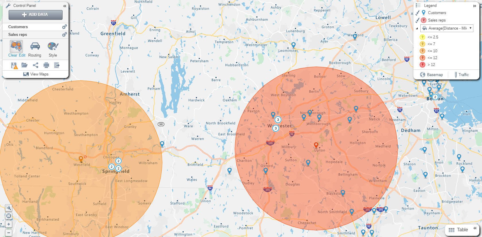20-mile radius map with additional sales rep