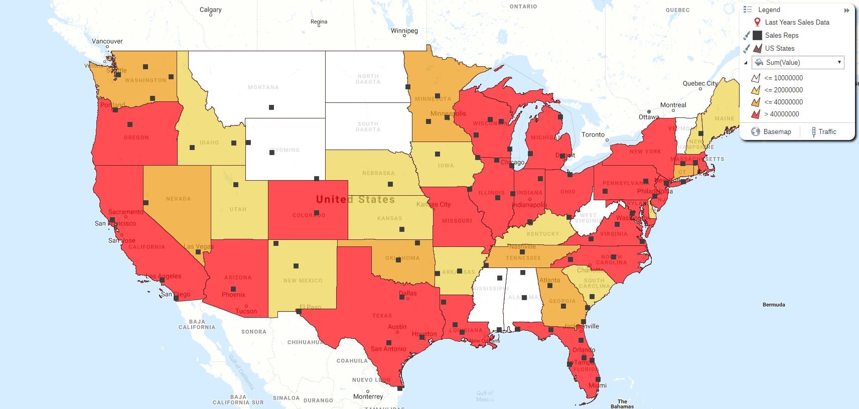Regional Heat Map of Sales Value Overlaid with Sales Reps