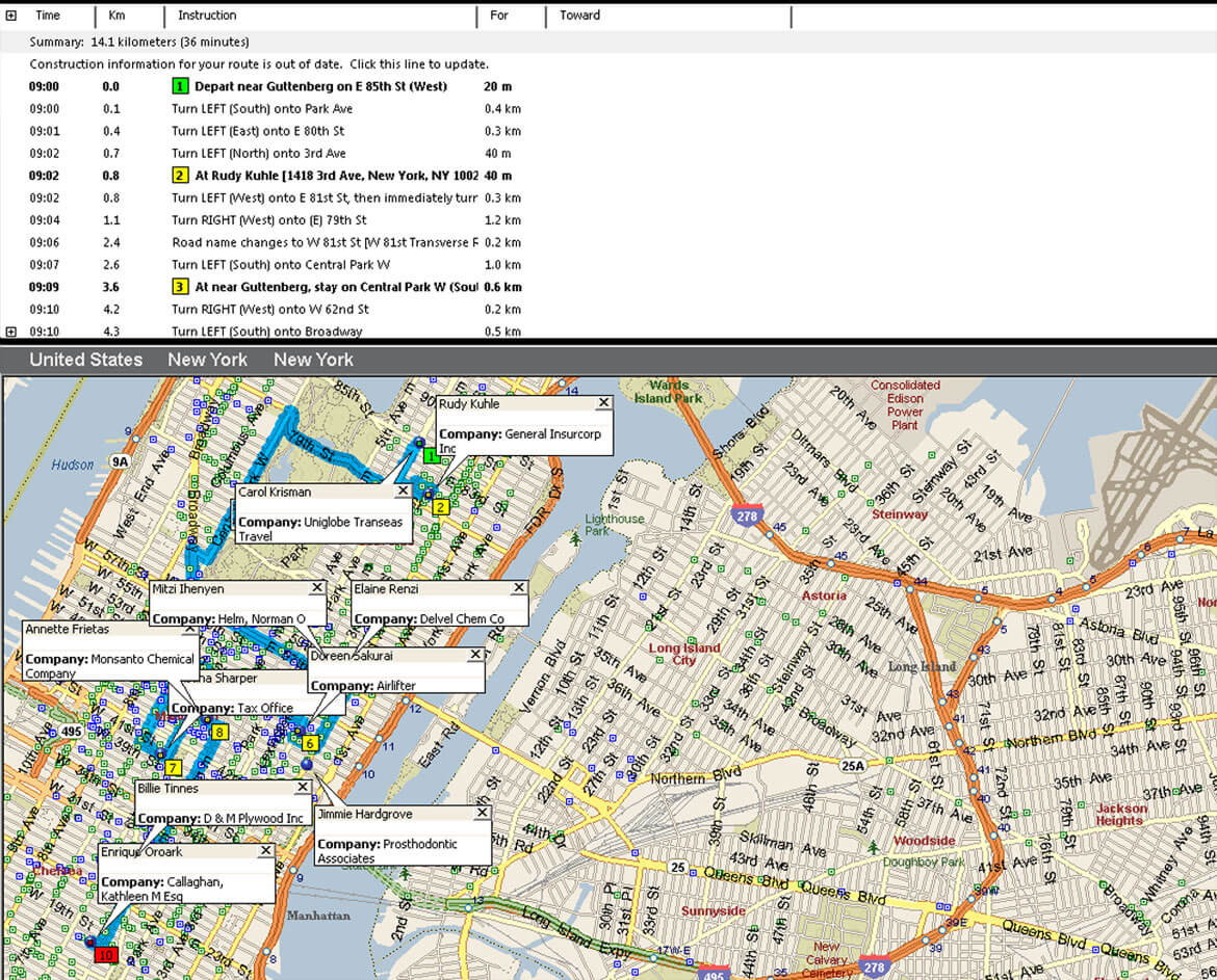 Microsoft MapPoint optimized route map