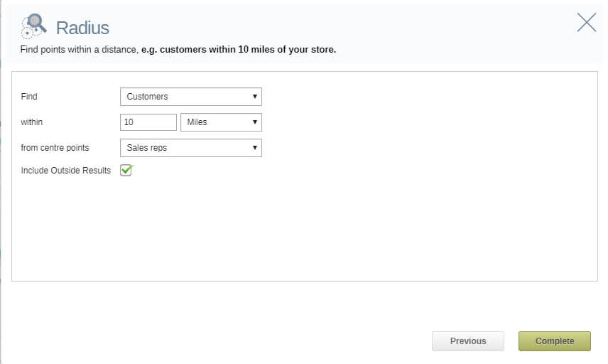 Screen to select your radius map settings