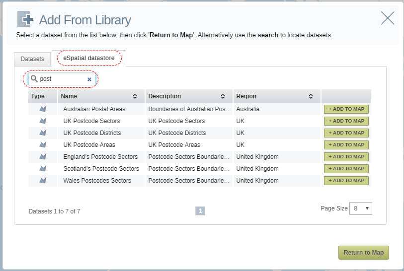 Where to find postal code datasets in eSpatial