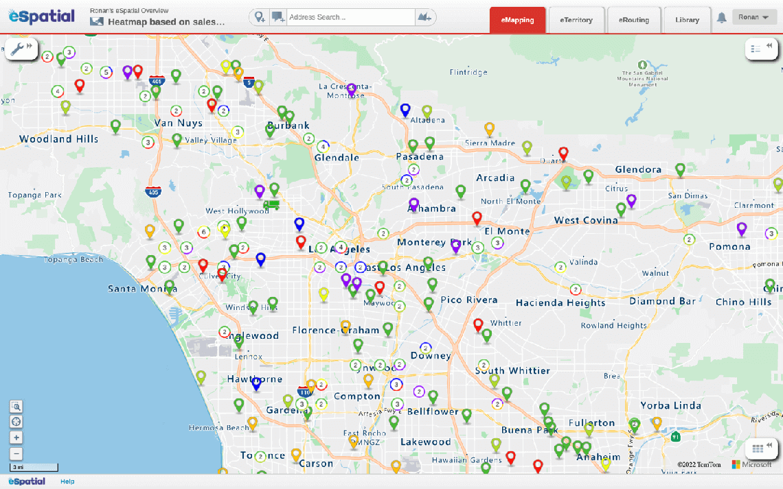 Pin map with customer locations