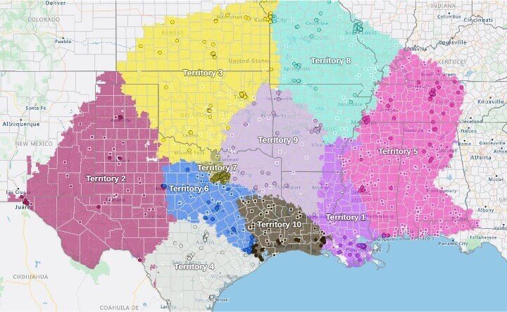 8 sales territories balanced on workload or effort needed to cover each area