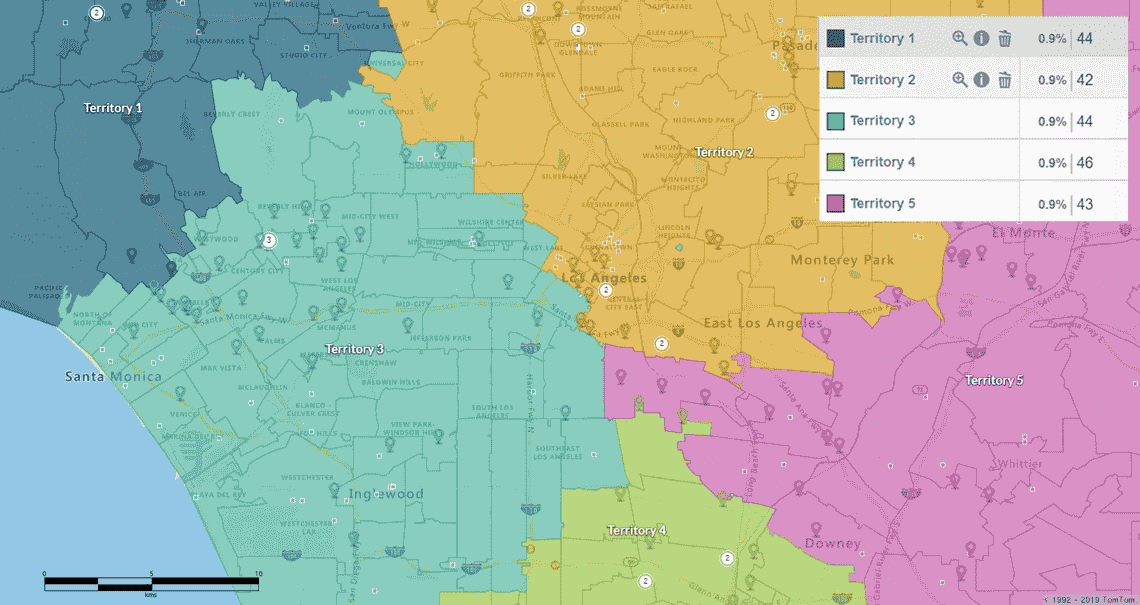 Mapping sales areas allows you to instantly see the number of accounts handled by each sales rep