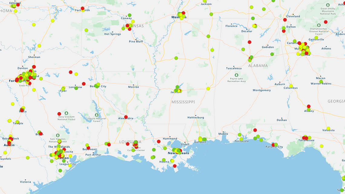 Color coded pin map showing customers