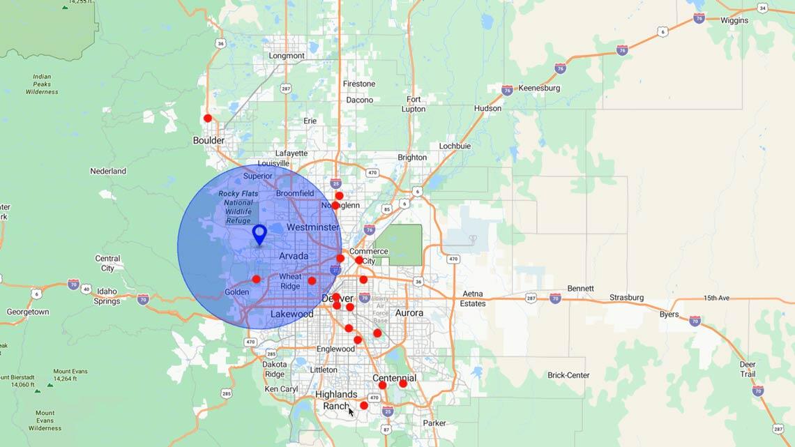 A map showing competitor locations within 10 miles of a sales office in Denver