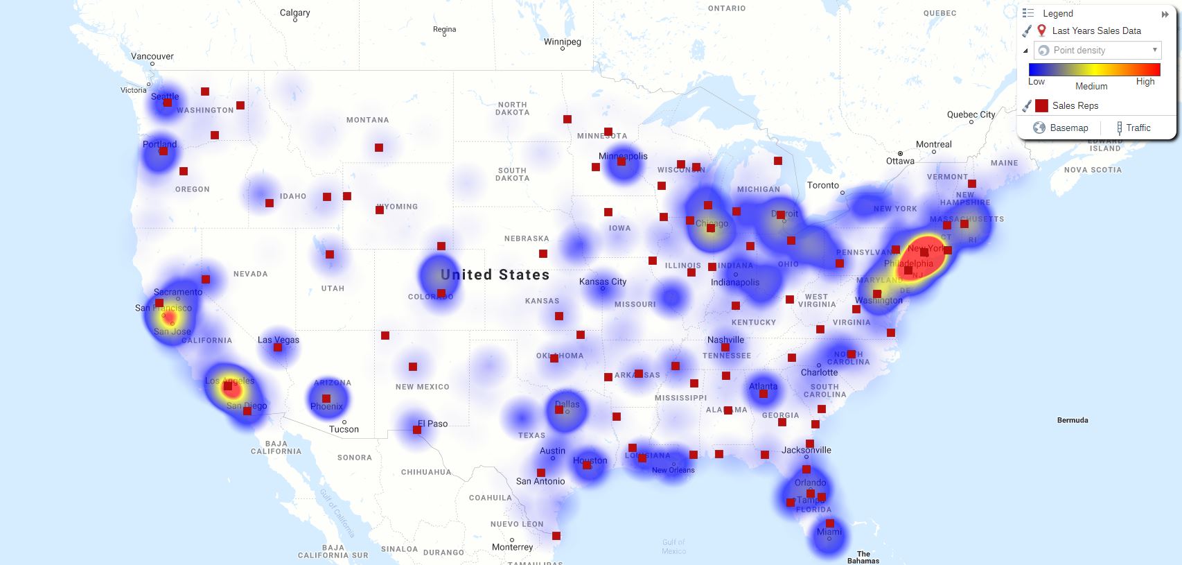 Hot spot heat map of sales volume overlaid with sales reps